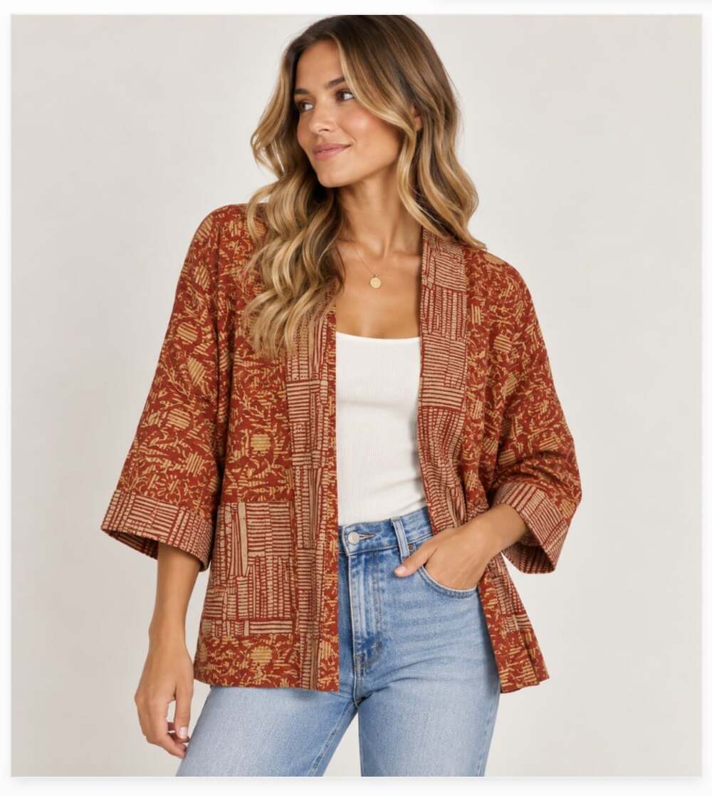 Namsar Kimono Jacket Womens One Size Red Geometric Boho Open Front Lightweight